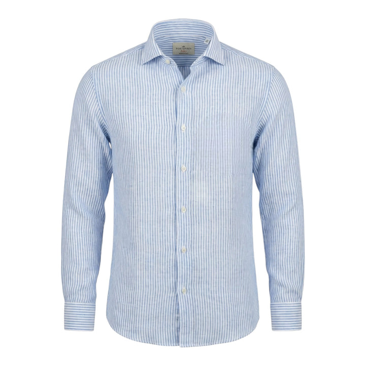 Långärmad skjorta Custom fit 100% linne randig ljusblå-vit washed