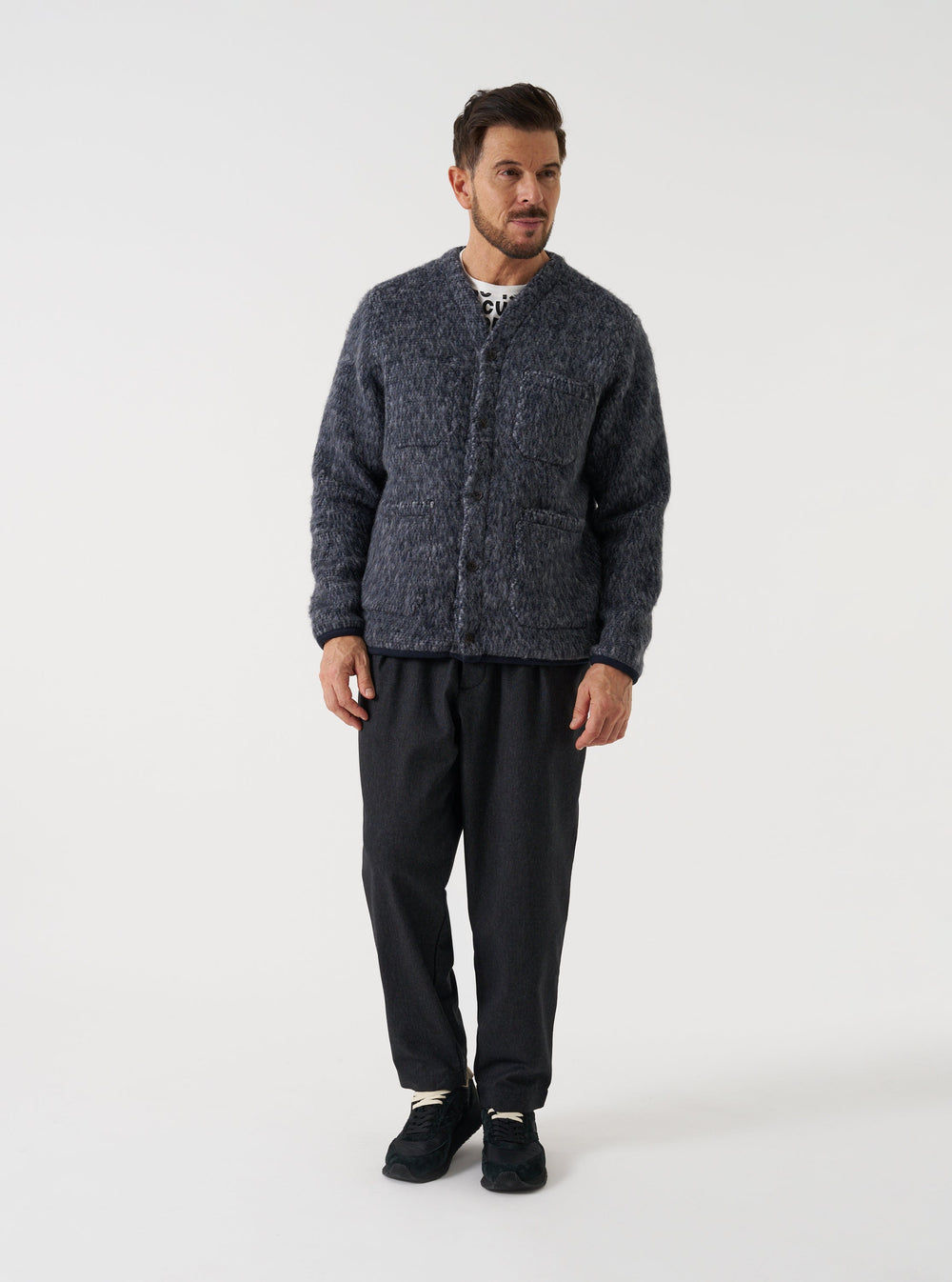 Universal Works Cardigan Losso Mohair Mix Navy/Pale Grey Blu - foto 2