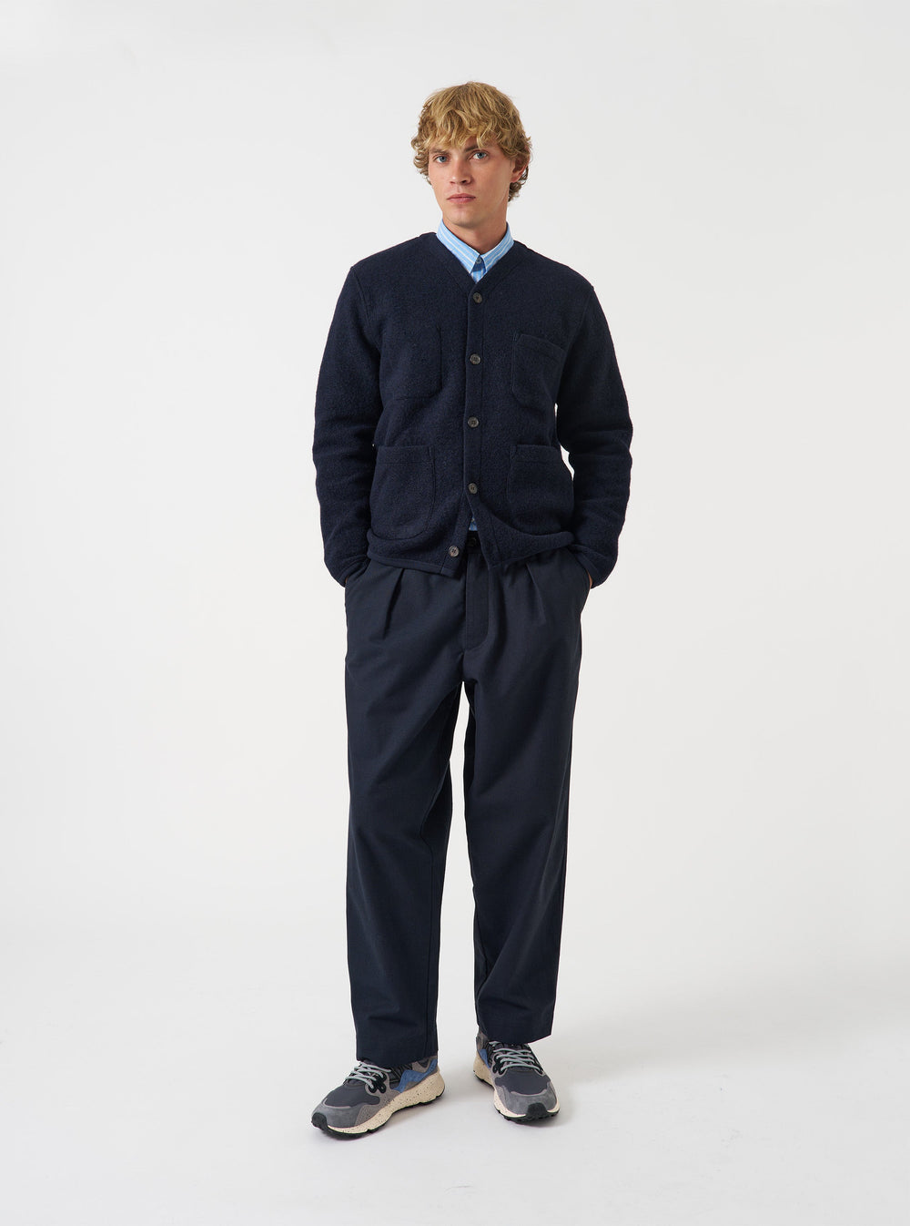 Universal Works Cardigan Wool Fleece Navy Blu - foto 2