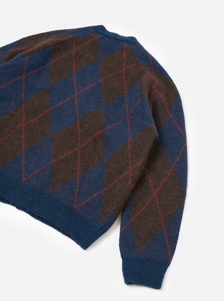 Universal Works David Cardigan Alpaca Argyle Navy Blu - foto 5
