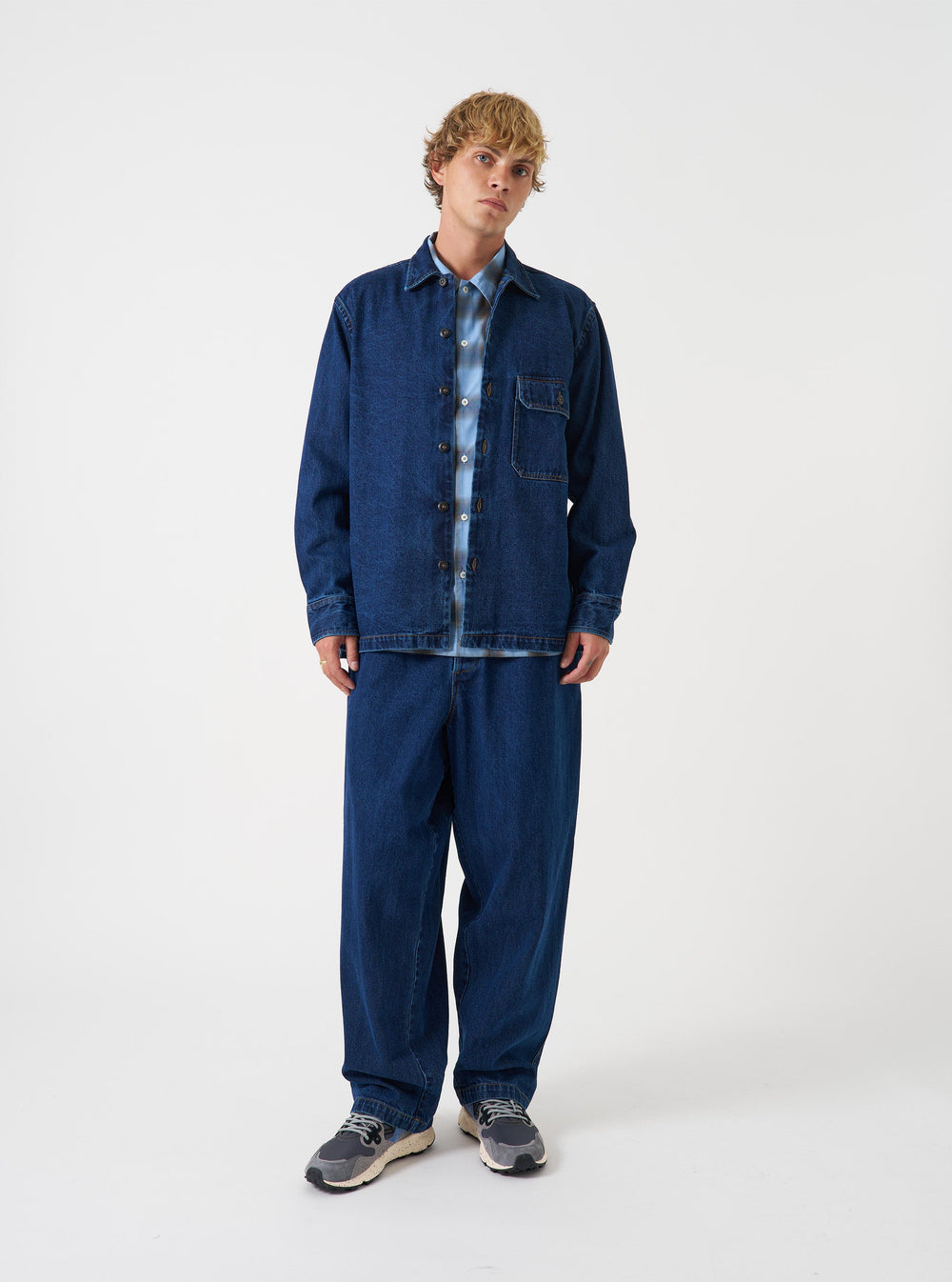 Universal Works Fatigue Shirt Work Denim Indigo Blu - foto 2