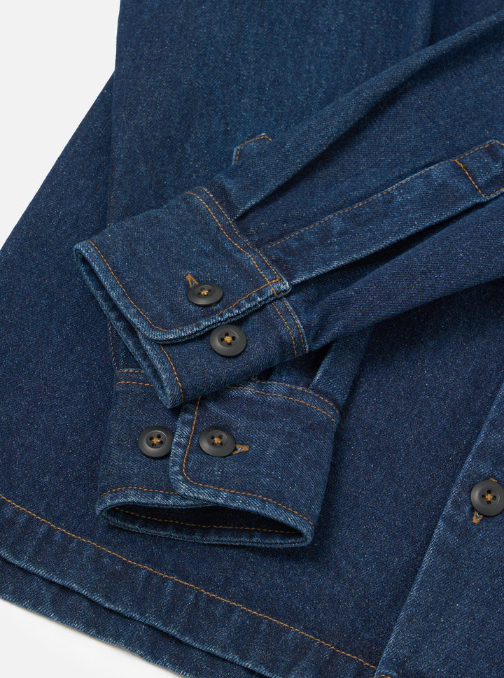 Universal Works Fatigue Shirt Work Denim Indigo Blu - foto 6