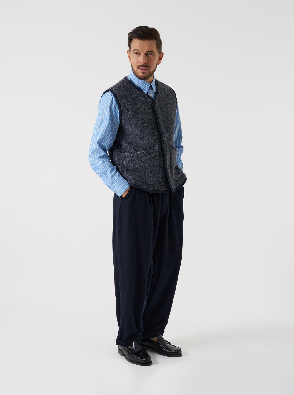 Universal Works Lancaster Gilet Losso Mohair Mix Navy/Pale Grey Blu - foto 2