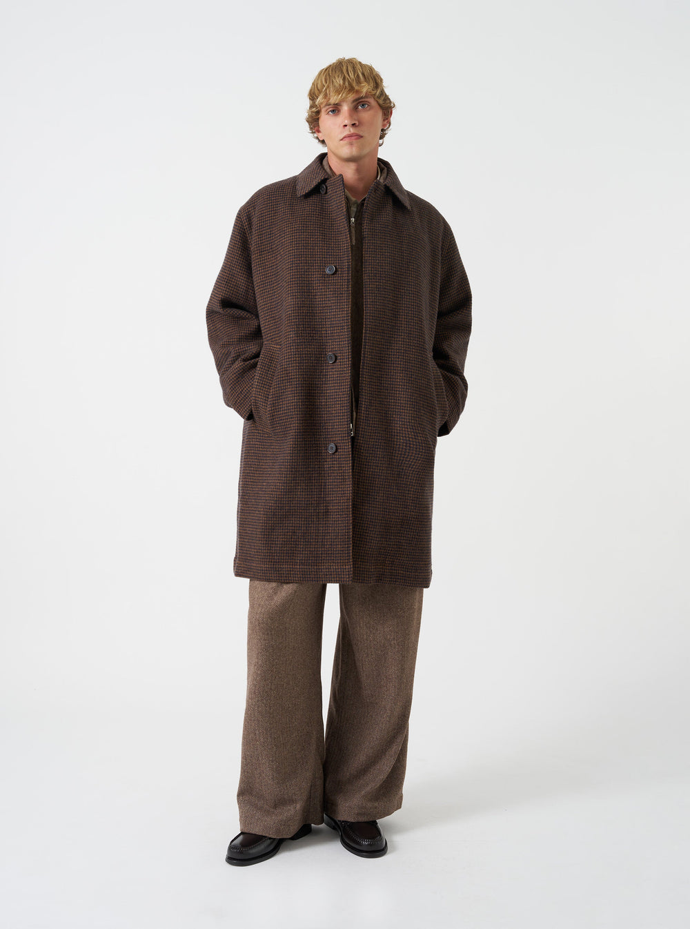 Universal Works Stan Coat Wool Tweed Mix Navy/Brown Blu - foto 2