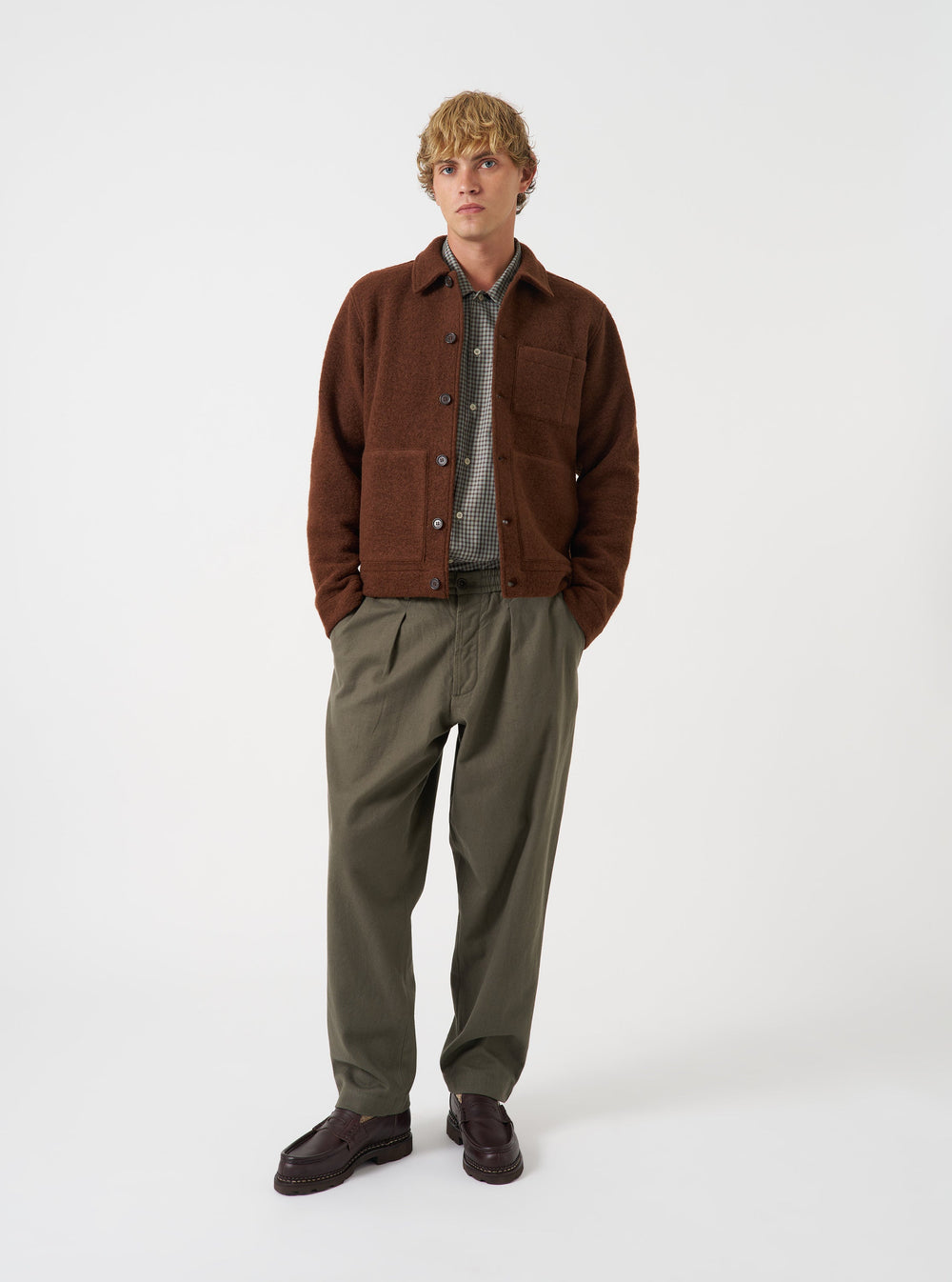 Universal Works Uniform Jacket Wool Fleece Cacao Marrone - foto 2