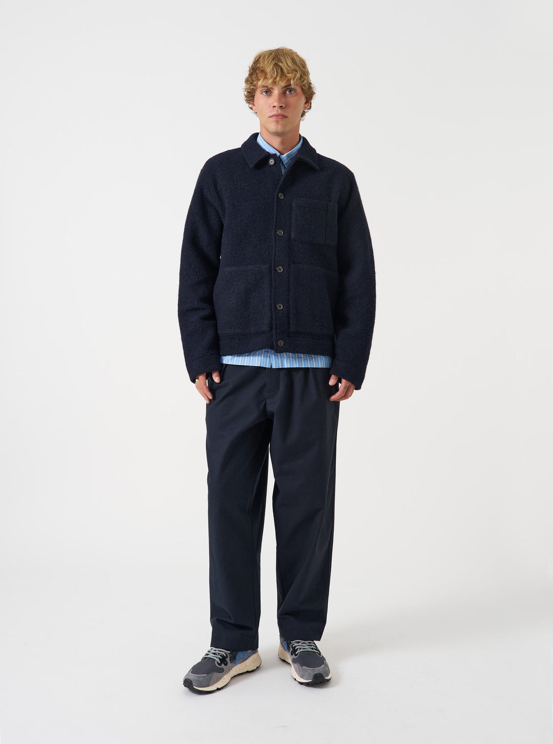 Universal Works Uniform Jacket Wool Fleece Navy Blu - foto 2