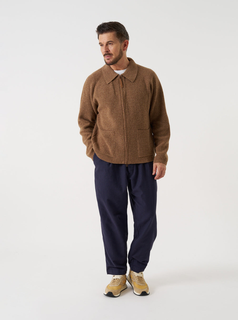 Universal Works Zip Cardigan Eco Wool Tawny Marrone - foto 2